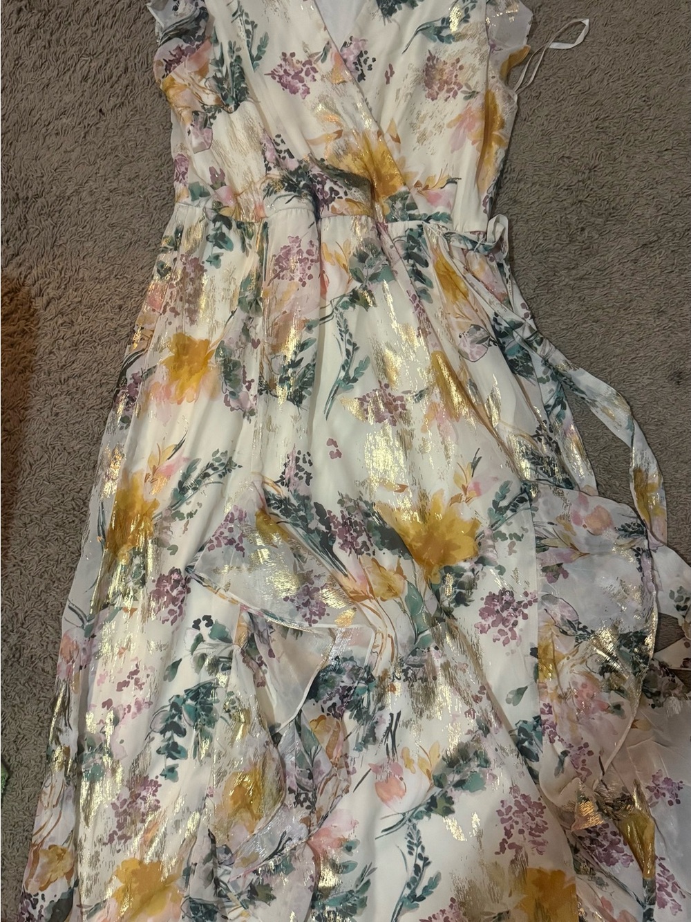Women’s White Floral Wrap Dress with Gold Accents